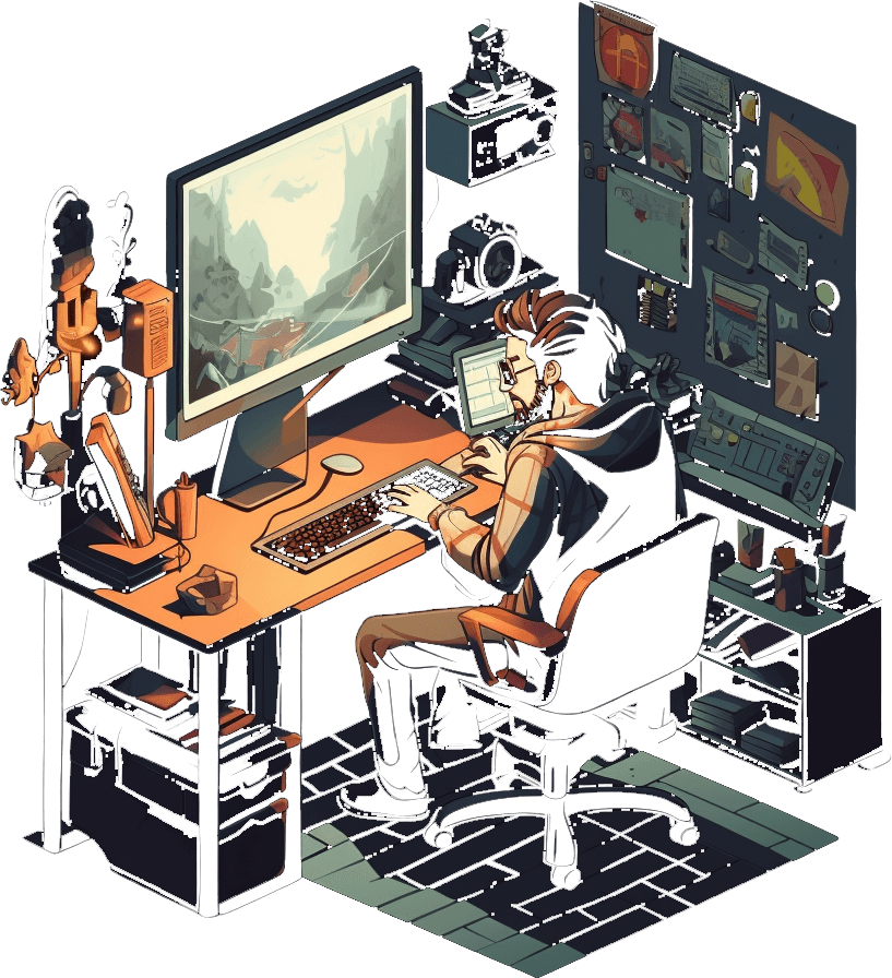 A programmer sitting at his desk, playing a game.